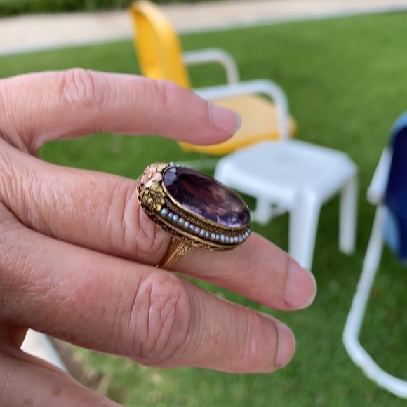 14 kt. ANTIQUE Amethyst w/seed pearls ring - Picture 8 of 13